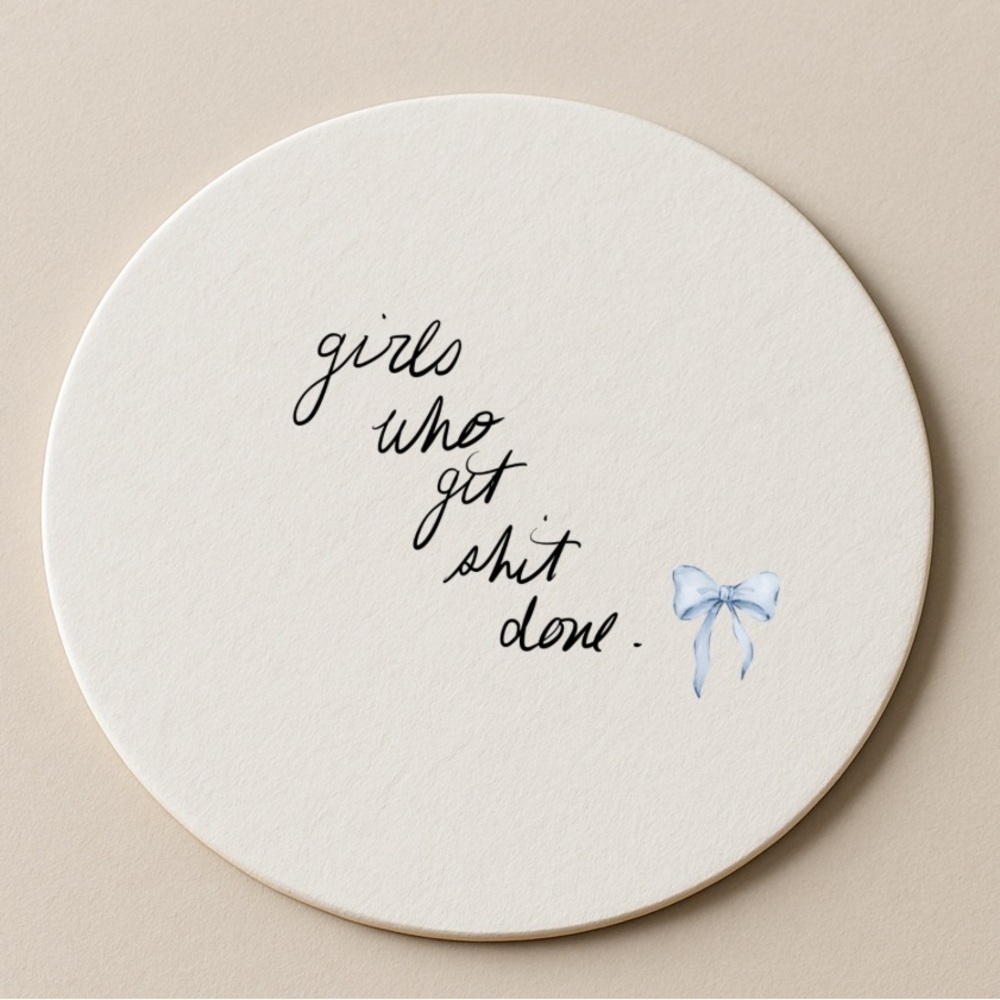 Motivational Custom White Coaster with Blue Bow